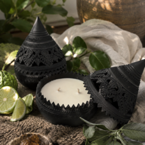 New Sense Lotus Petal Candle 175ml in black handcrafted Ko Kret pottery by Maison Miko