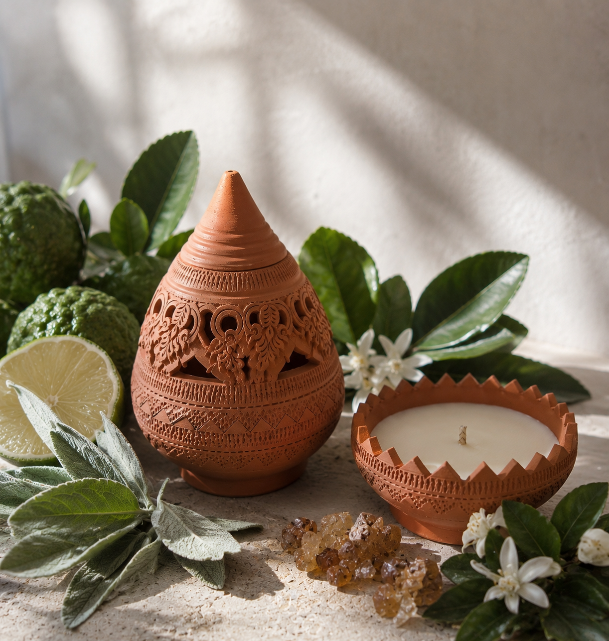 maison-miko-sage-kaffirlime-benzoinsiam-candle MAISON MIKO New Sense Candle 45 ml in handmade Ko Kret lotus petal pottery