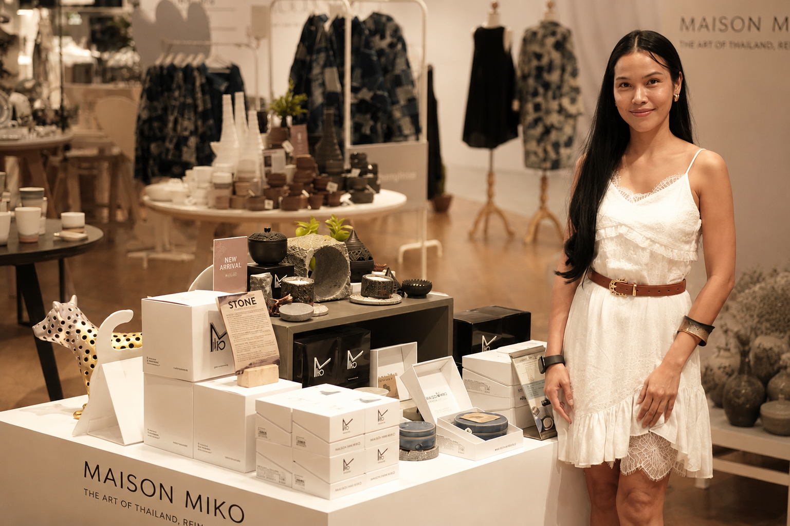 Maison Miko founder Miko presenting handcrafted sustainable Thai design collection.
