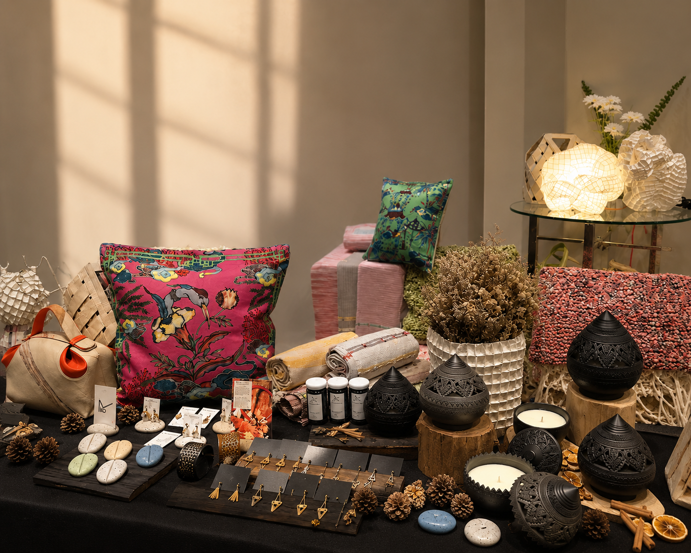Maison Miko artisan collection featuring candles, cushions,jewelry,and handcrafted decor.