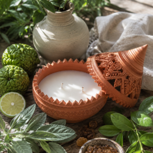 MAISON MIKO New Sense Lotus Petal Candle 175ml in Brick handcrafted from Ko Kret pottery with natural soy and rice wax.