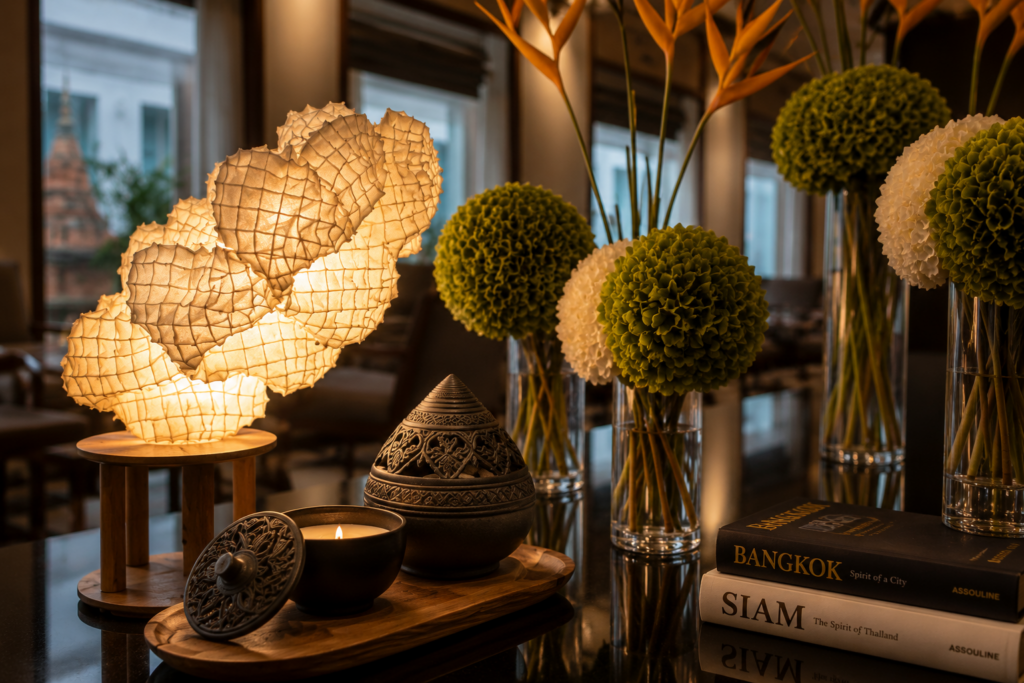 Luxury silk cocoon lamp with handcrafted Thai ceramic candle holder by Maison Miko