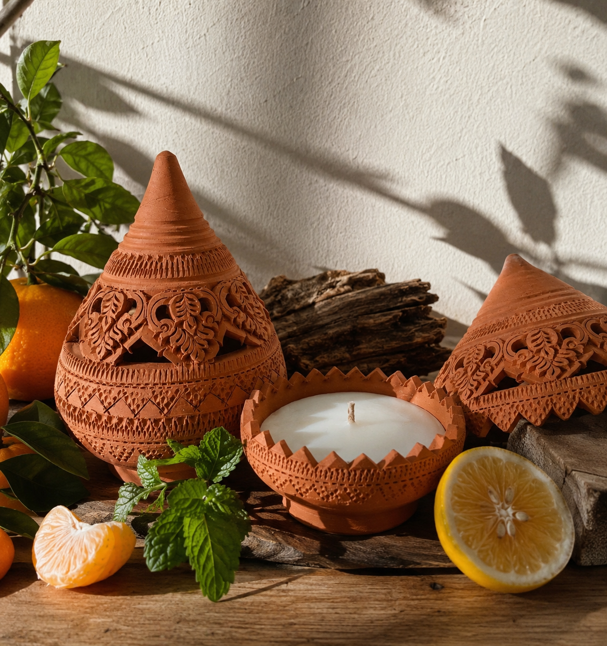 maison-miko-terracotta-candle-mint-yuzu-tangerine-rossewood Handcrafted terracotta scented candle with carved Thai pottery, fresh mint, yuzu, tangerine, and rosewood by Maison Miko.